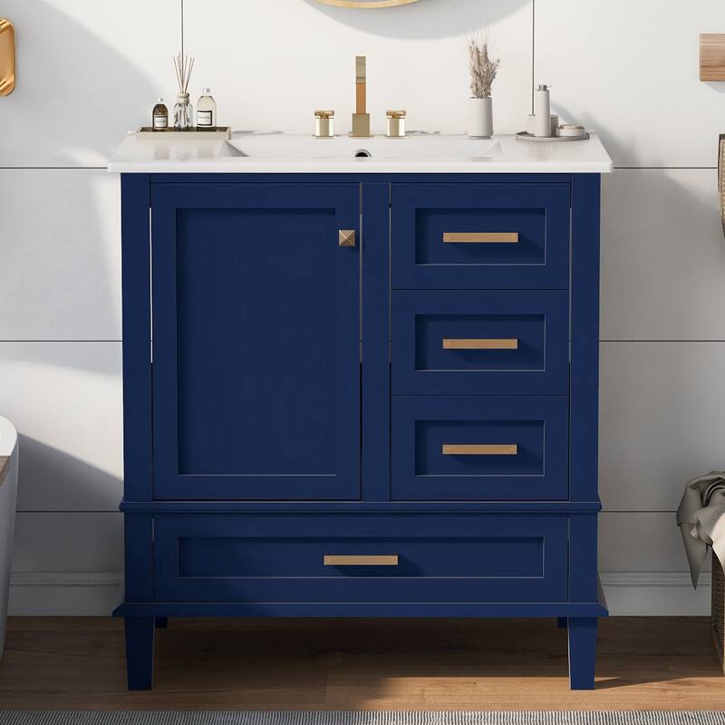30" Bathroom Vanity with Ceramic Sink Combo Set, Bathroom Vanity Cabinet with 1 Soft Close Door and 3 Storage Drawers