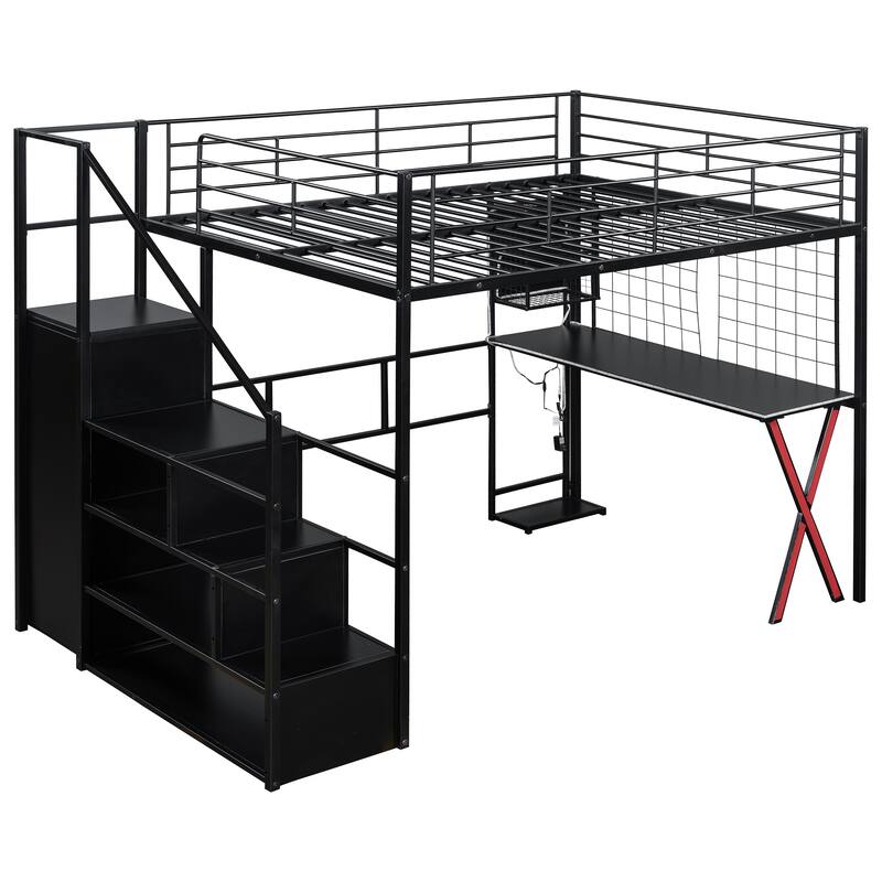 Full Size Metal Loft Bed With Built-In Work Station, Wardrobe, Storage Staircase And LED