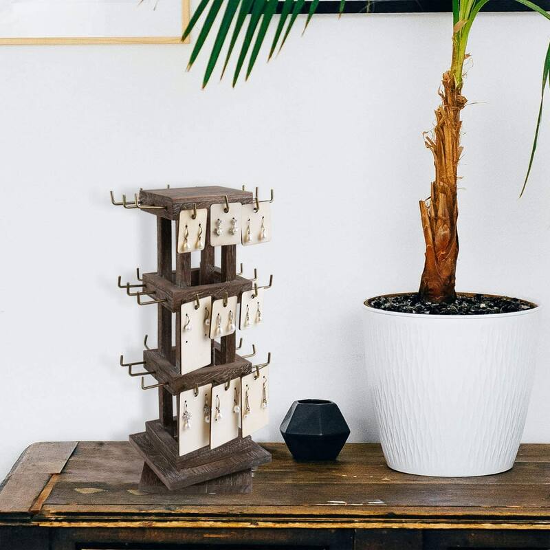 Natural Wood Rotating 36 Hooks Jewelry Tower
