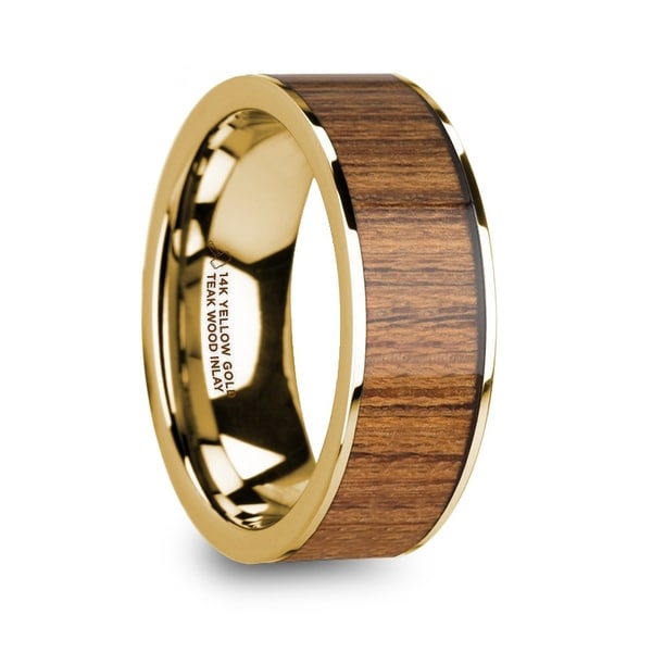 Teris Men S Polished 14k Yellow Gold Wedding Ring With Teak Teris Men X27 S Polished 14k Yellow Gold Wedding Ring With Teak Wood Inlay