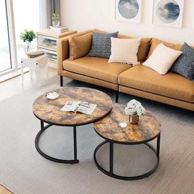 Moasis 2-piece Nesting Round Coffee Tables Metal Wood Center Table