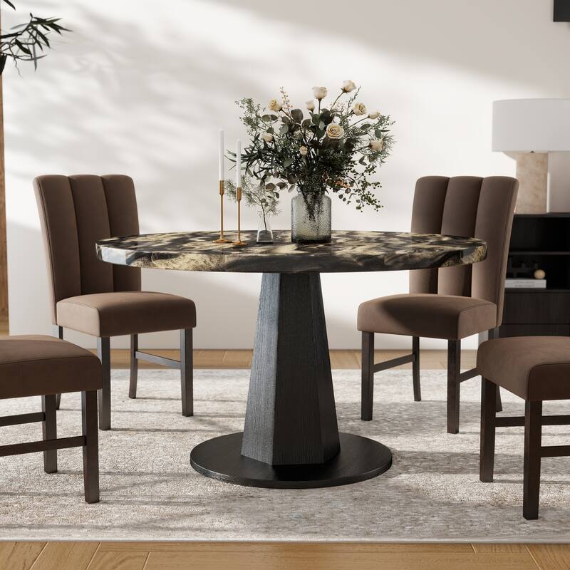 Roundhill Furniture Cavira Modern Faux Marble Dining Table with Wood Pedestal Base