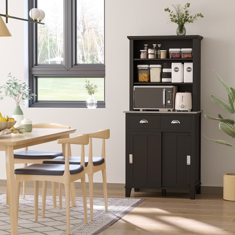 HOMCOM 67" Freestanding Buffet with Hutch, Kitchen Cupboard Storage Cabinet with Sliding Doors, Drawers and Open Shelves - Black Wood Grain
