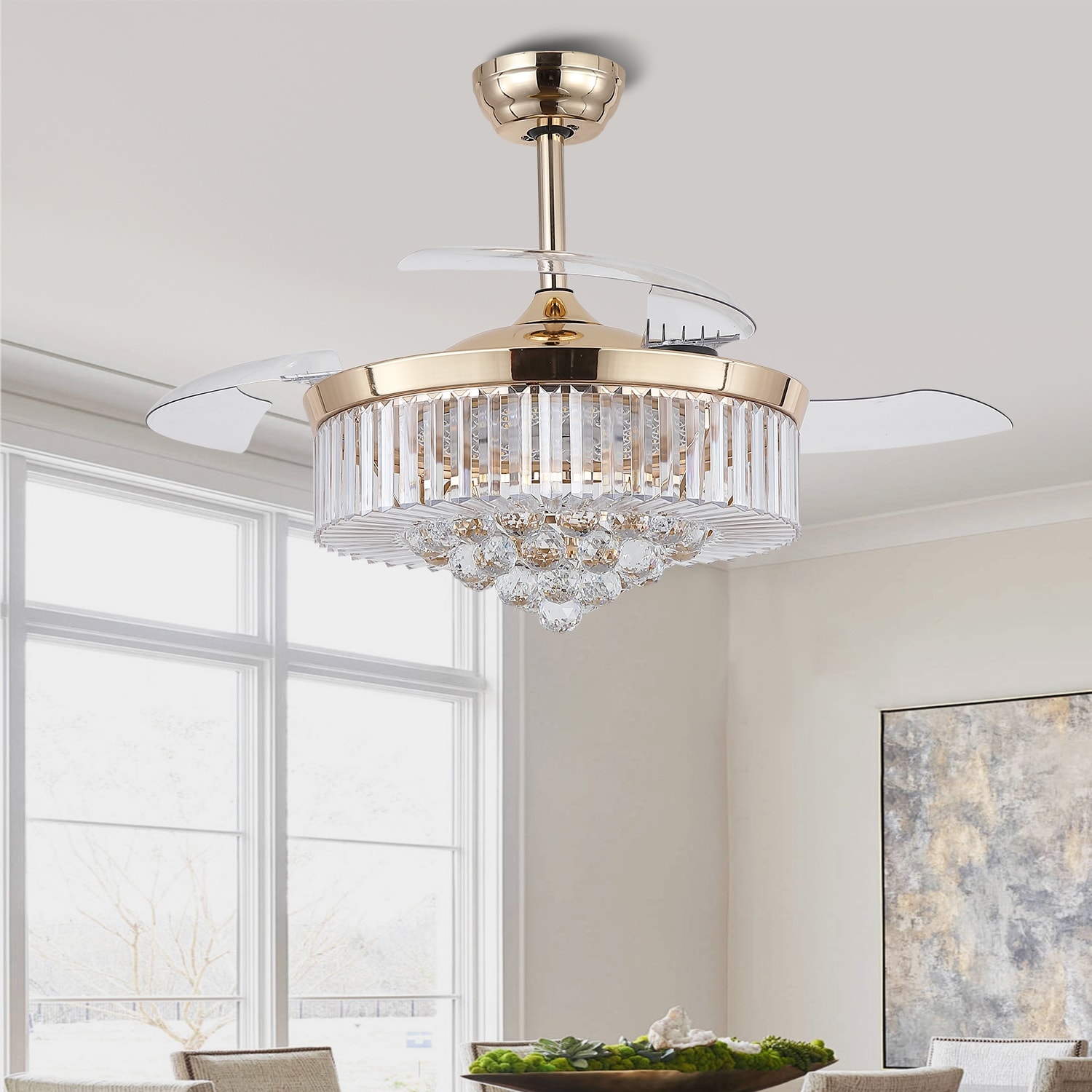 Kviflon 48'' Crystal Ceiling Fan with Lights and Remote 6 Speed, 3 Light Change Retractable Blades Chandelier Ceiling Fan