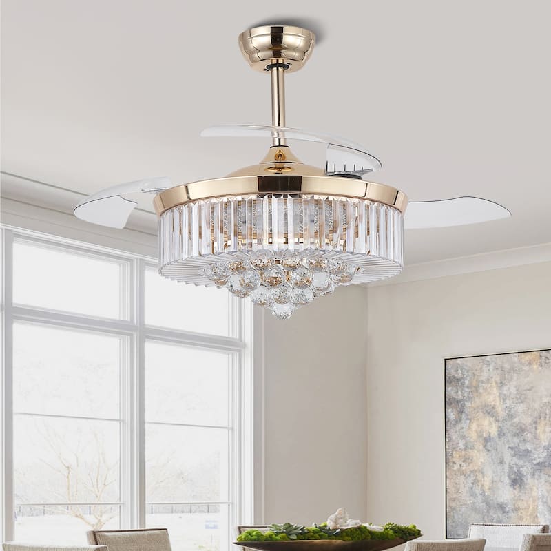 Kviflon 48'' Crystal Ceiling Fan with Lights and Remote 6 Speed, 3 Light Change Retractable Blades Chandelier Ceiling Fan