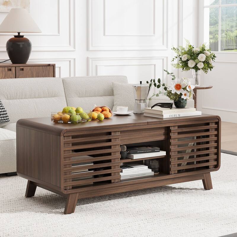Gymojoy 47" Mid Century Modern Coffee Table with Sliding Door Storage, Walnut Center Table