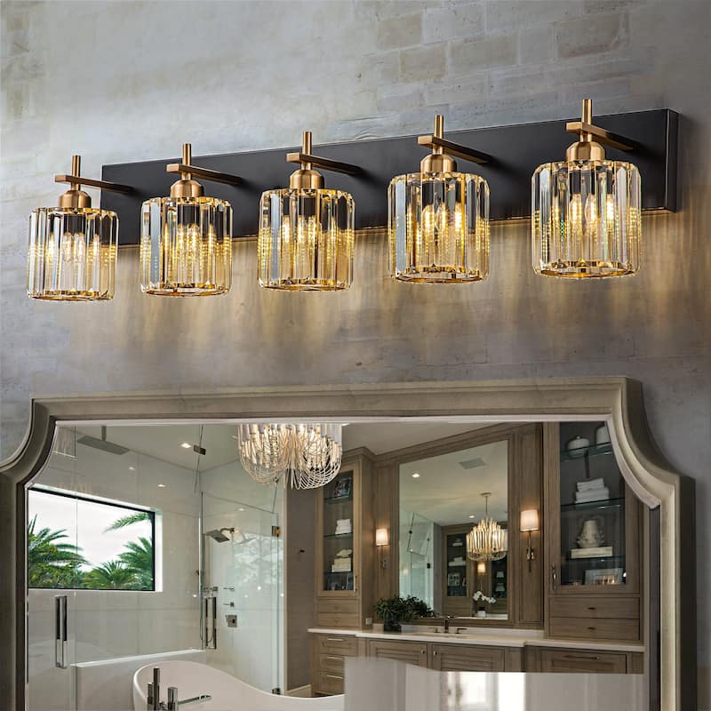 Mid-Century Modern Dimmable Bathroom Vanity Light Crystal Glass Wall Sconce - 35.4" - Black & Gold