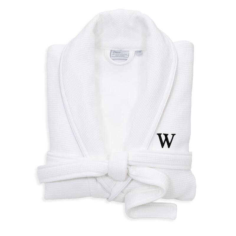 Authentic Hotel and Spa White Unisex Turkish Cotton Waffle Weave Terry Bath Robe with Black Block Monogram - S/M - W