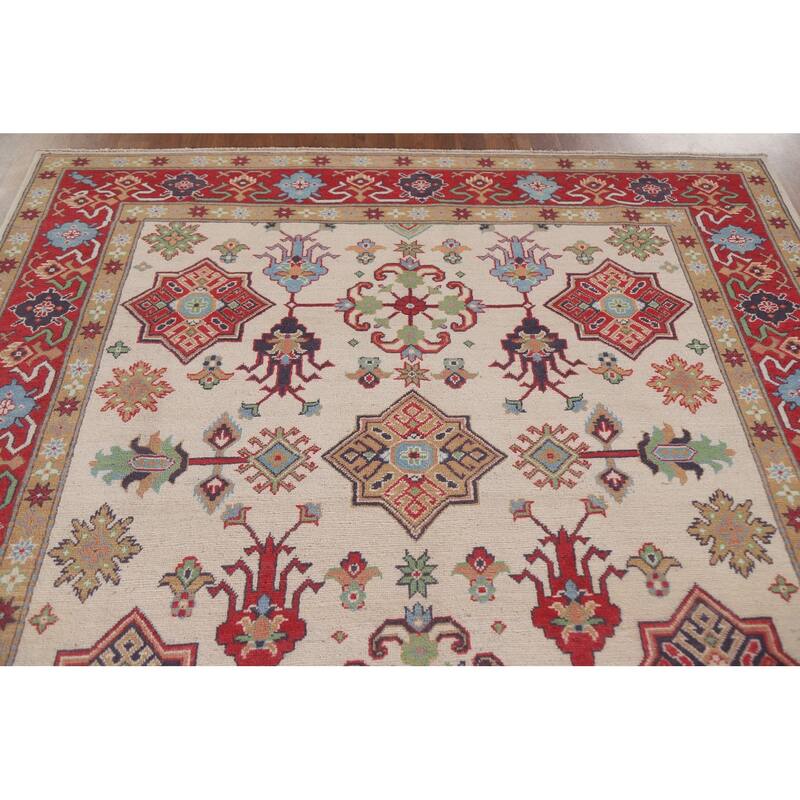 Hand Knotted Oriental 100% Wool Carpet Traditional All-Over Beige & Ivories Kazak Area Rug - 9' 9'' X 6' 5''