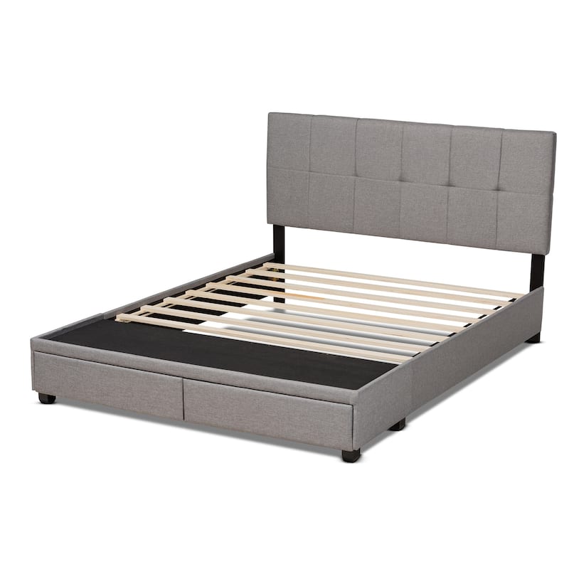 Queen Size Storage Bed with Drawers - Fabric Upholstered Platform Bed Frame - Grey, 2 Drawer