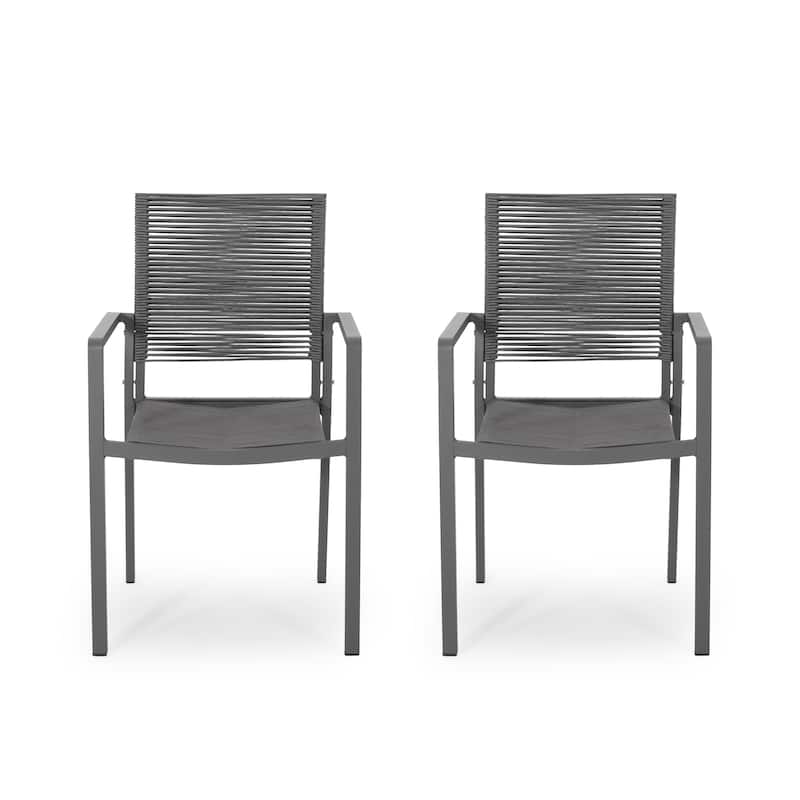 Teny Outdoor Dining Chair Set of 2, Open Back, Woven Rope, Dark Gray Metal