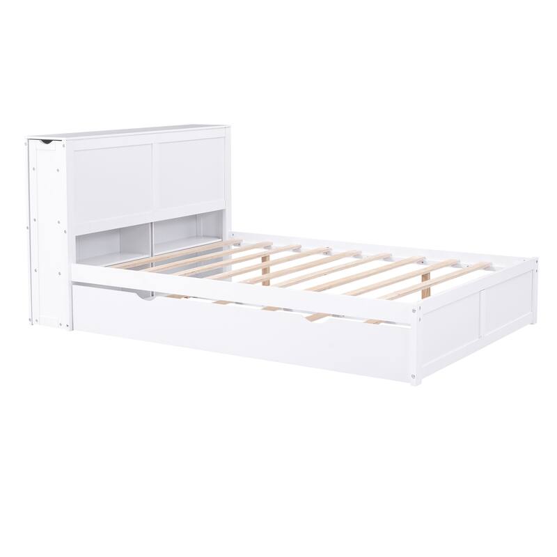 White Full Size Storage Platform Bed with Pull-Out Shelves and Twin Trundle