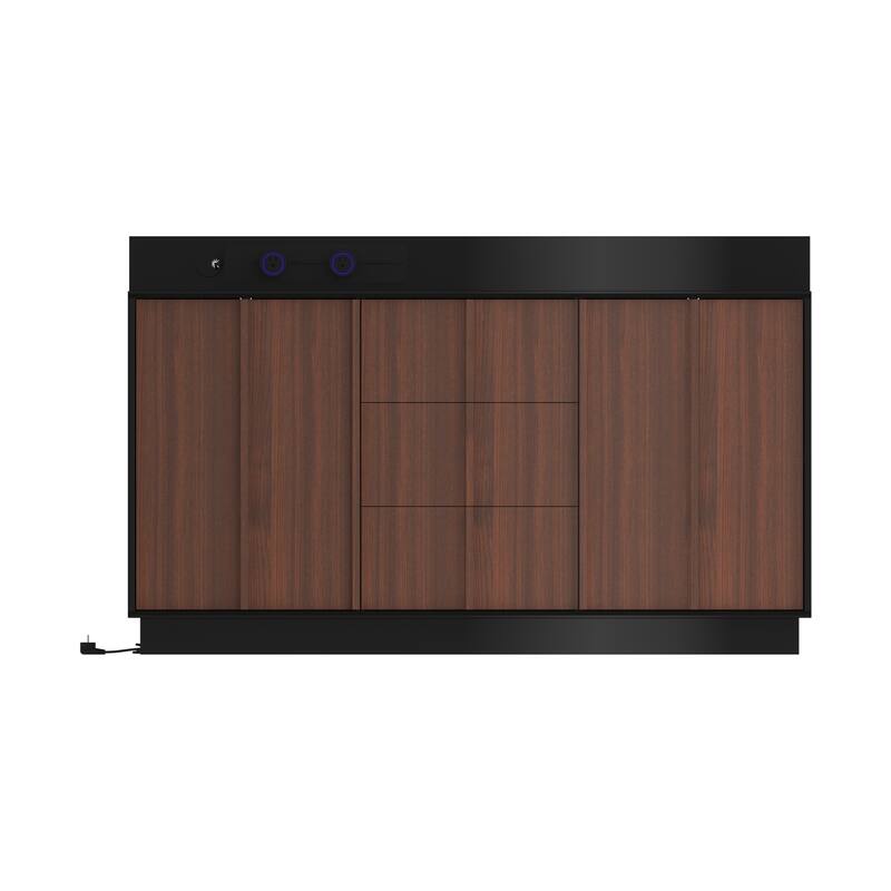 Modern Black High-Gloss Sideboard Buffet Cabinet with Coffee Wood Grain Doors, Sliding Power Outlet & Cable Management Box