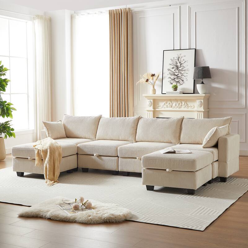 Beige 6-Piece Convertible Corduroy Modular Sectional Sofa with Storage & Ottomans - Beige