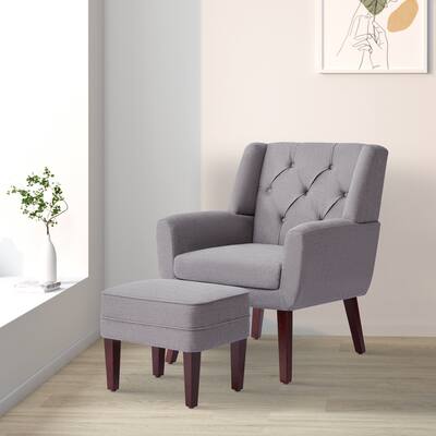 HUIMO Arm Chair Upholstered Button Tufted Accent Chair with Ottoman Grey/ Beige