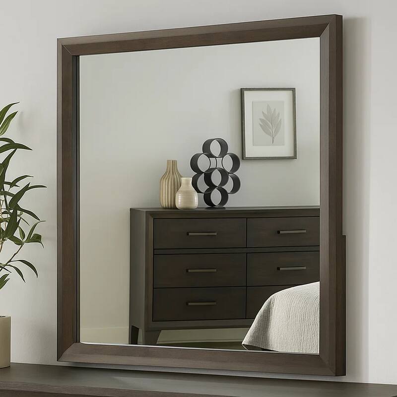 Fel Dresser Mirror, Beveled Glass, Dark Brown Wood Frame, 44x45