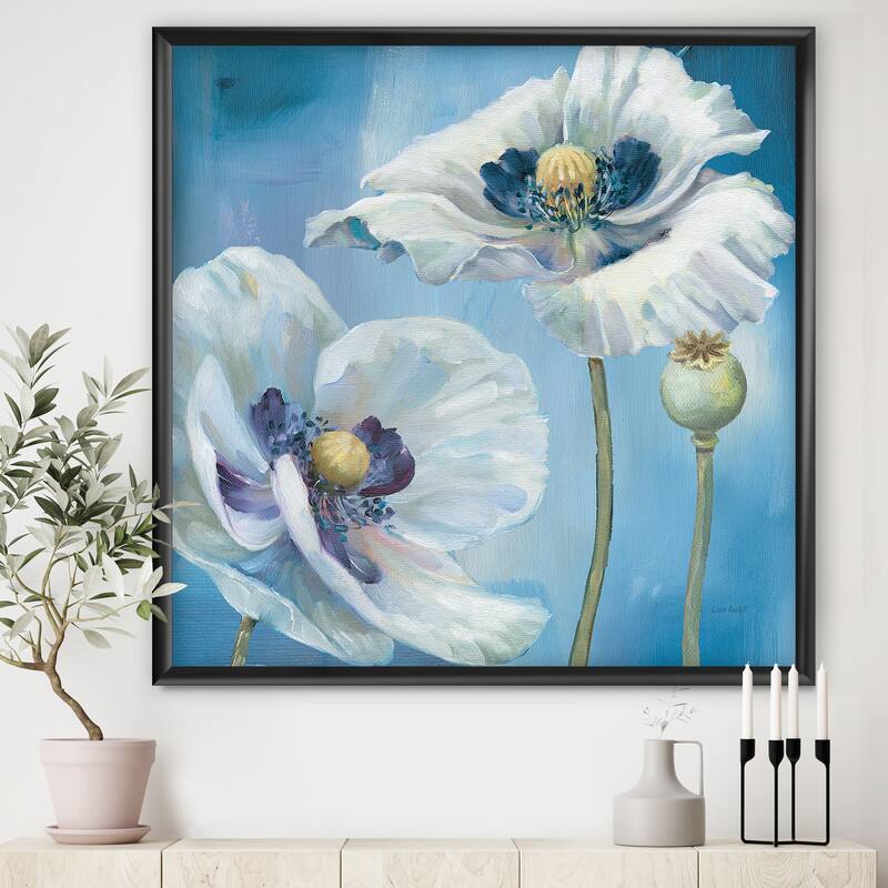 Designart "White Flower on Blue I" Farmhouse Framed Art Print - 16 in. wide x 16 in. high - Black