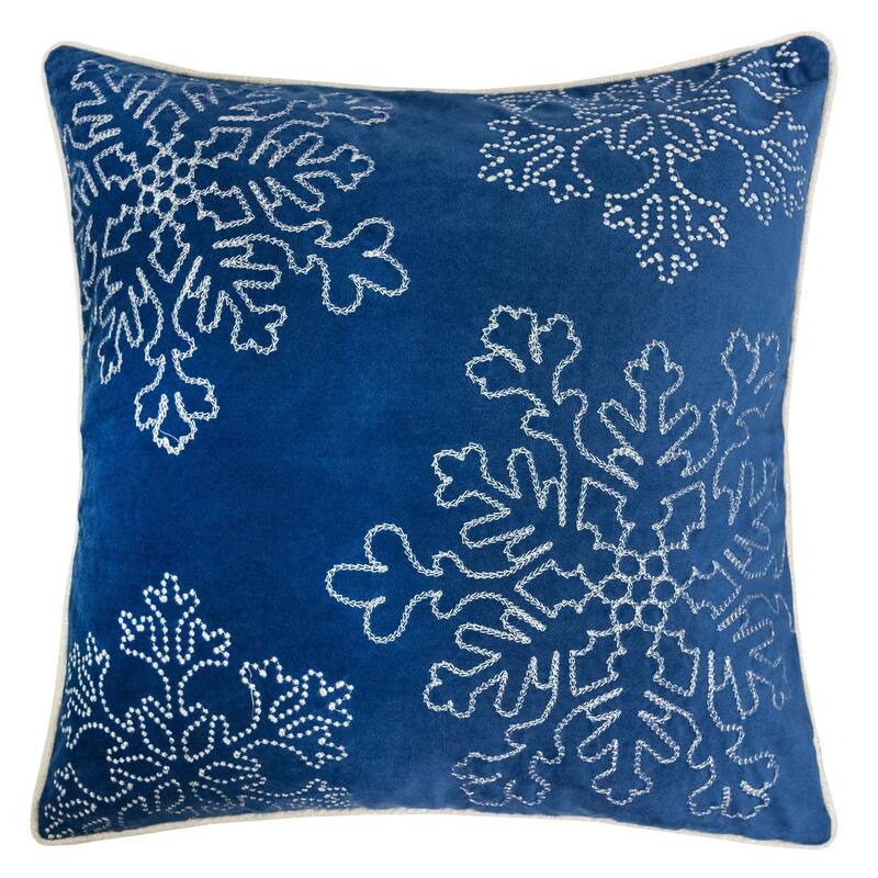 Velvet Holiday Throw Pillow 20x20 with Snowflake Embroidery and Insert - Blue