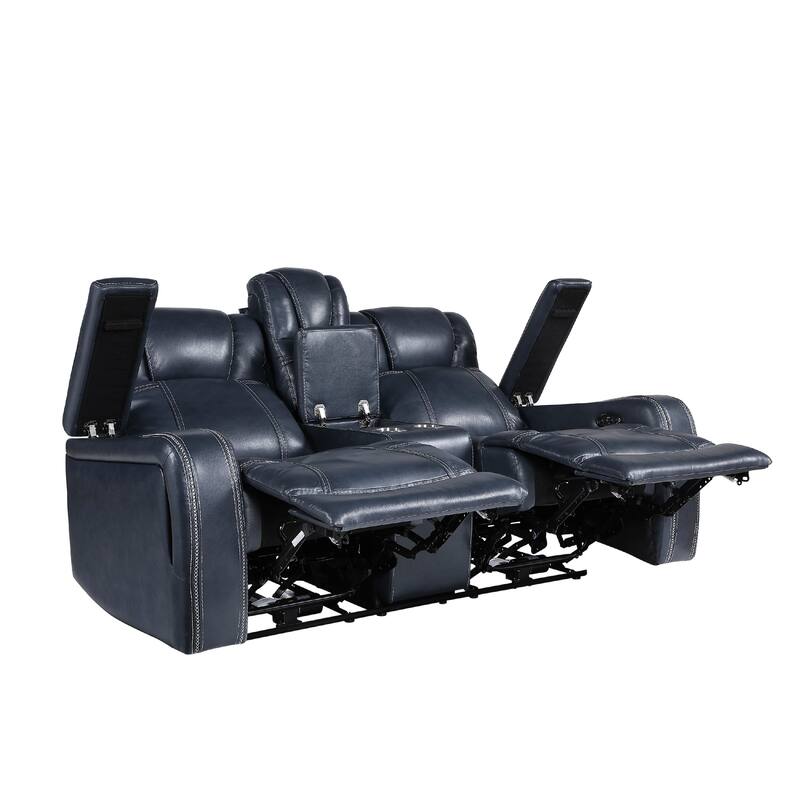 Ezia Power Double Recliner Loveseat, Console, Blue Leather, 74 Inch