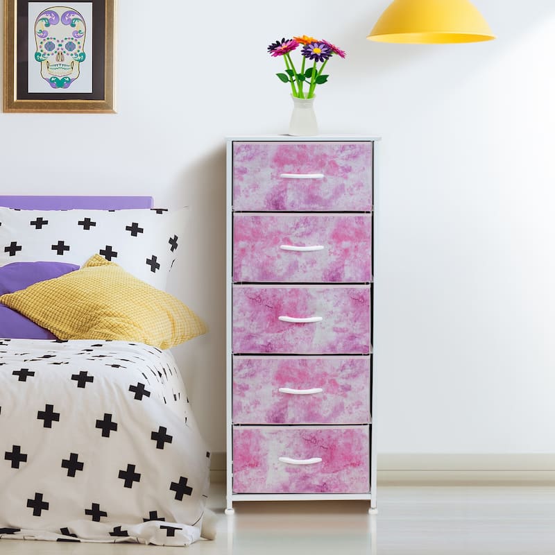 Dresser w/ 5 Drawers Furniture Tall Storage Organizer Unit for Bedroom - Tie-Dye Pink