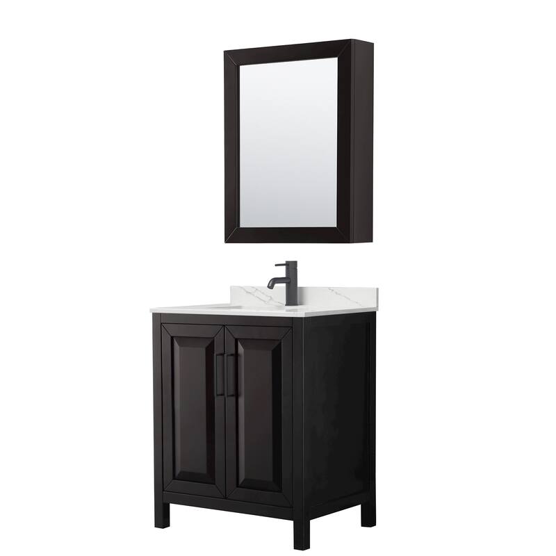 Daria 30-inch Single Vanity, Single Hole Quartz Top, Med Cabinet - Dark Espresso, Black Trim, Giotto Quartz Top