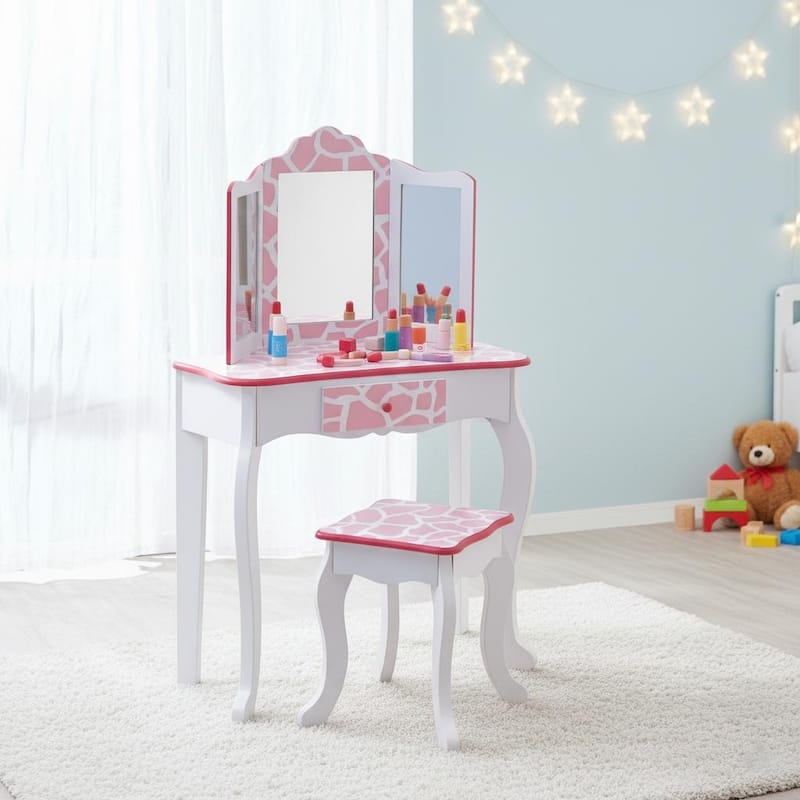 Teamson Kids Wooden Play Vanity Set with Tri-Fold Mirror, Storage Drawer and Stool, Kids Dressing Table for Girls Ages 3-5
