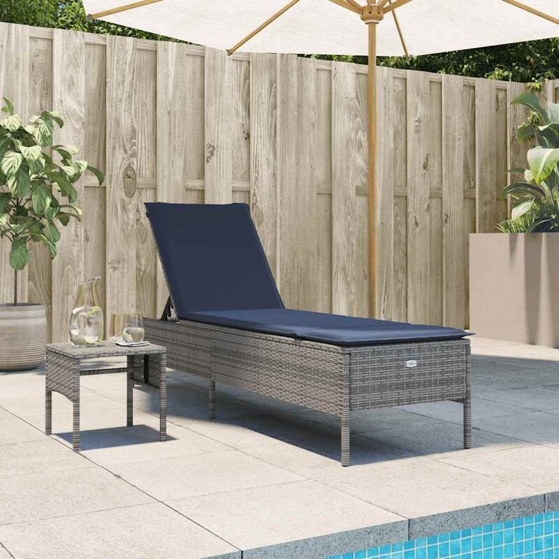 vidaXL Sun Lounger with Table and Cushion Outdoor Poly Rattan Brown/Gray/Black - Grey
