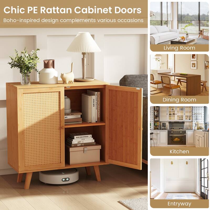 Gymax 2PCS Bamboo Buffet Cabinet w/ PE Rattan Doors Freestanding