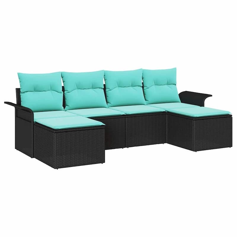 vidaXL 6 Garden Sofa Set with Cushions Black Poly Rattan - 98.8 x 46.1 x 27.2