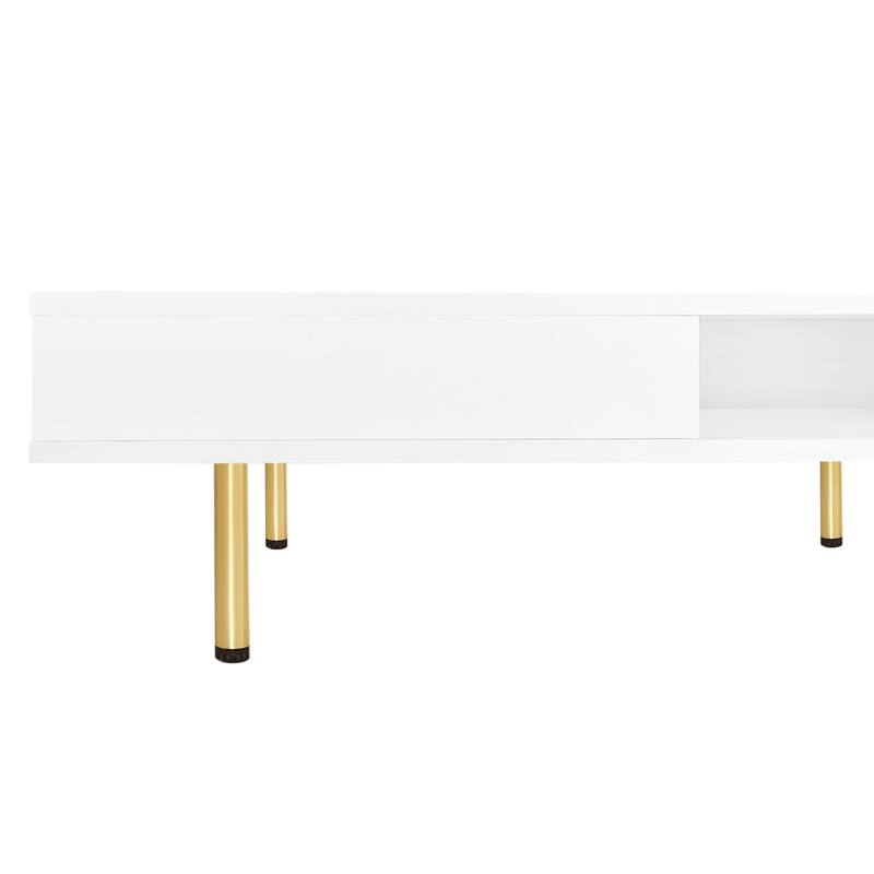 2-Tier Square Coffee Table with 2 Drawers, 4 Golden Legs, High Gloss Coffee Table Center Table w/ Storage for Living Room