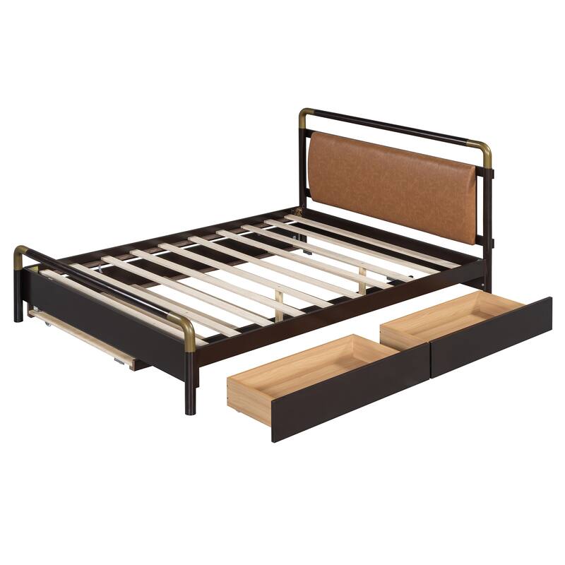 Queen Size Platform Bed with PU Backrest, Trundle Bed & 2 Storage Drawers