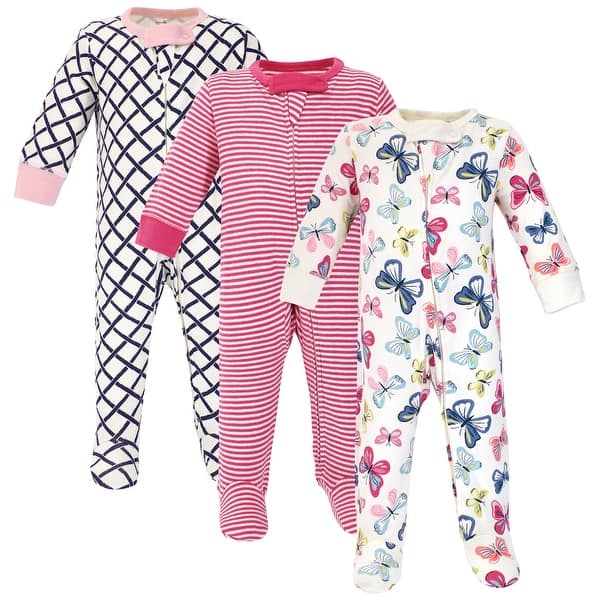 slide 1 of 1, Touched by Nature Baby Girl Organic Cotton Zipper Sleep and Play 3pk, Bright Butterflies 0-3 Months - Bright Butterflies
