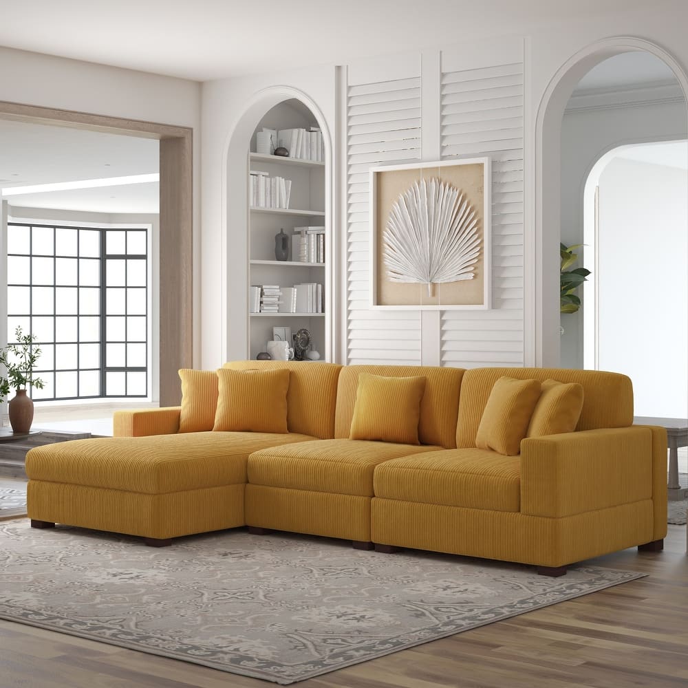 118" W Corduroy L-shape Modular Sectional Sofa with Pillows