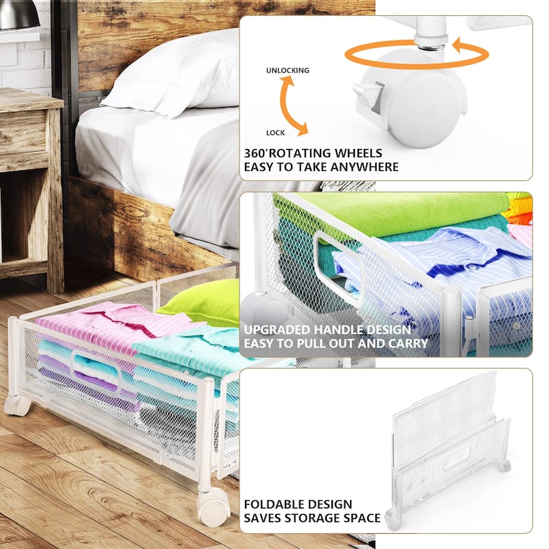 Innovaze Under Bed Storage Containers with Wheels, 2-Pack - Foldable Metal Rolling Organizers for Clothes, Bedding & Toys