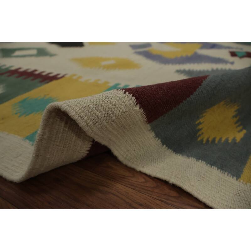Hand Woven Oriental 100% Wool Carpet Southwestern Tribal Beige & Ivories Kilim Area Rug - 11' 4'' X 4' 9''