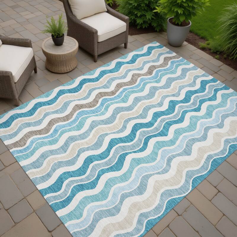 Machine Washable Indoor/ Outdoor Funky Stripe Chantille Rug - Teal - 8' x 10'