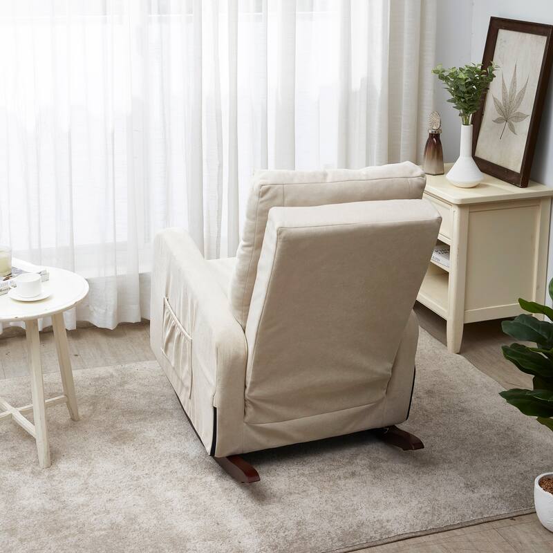 Beige Adjustable Recliner for Balcony or Tatami, with High Back Design, Solid Wood Legs, and Side Storage Pockets