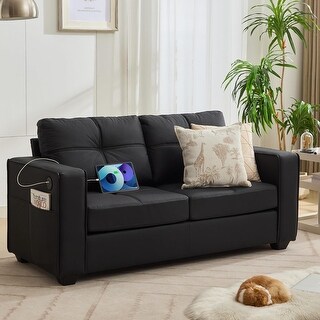 65-inch Faux Leather Loveseat with USB Ports, Mid-Century Modern Design ...