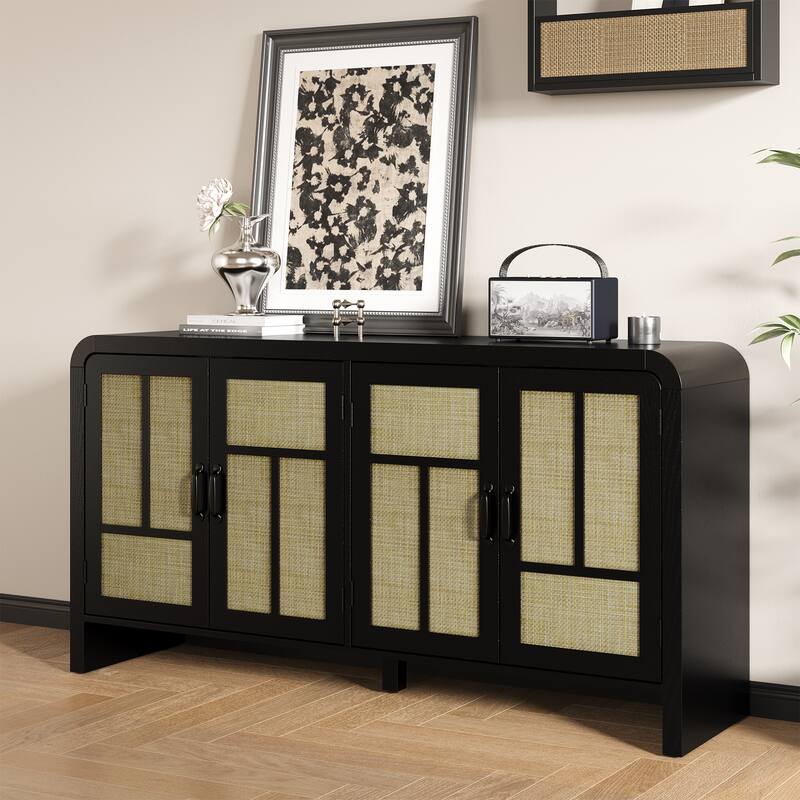 Rattan Sideboard Buffet Cabinet with 4 Doors Set of 2