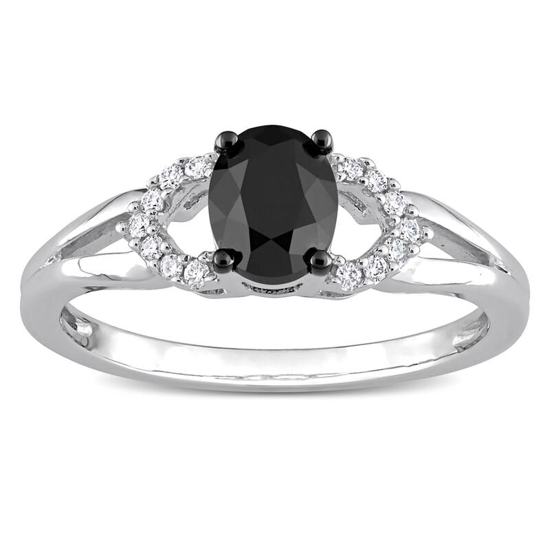 Miadora 1ct TDW Oval-cut Black and White Diamond Split Shank Engagement Ring in 14k White Gold