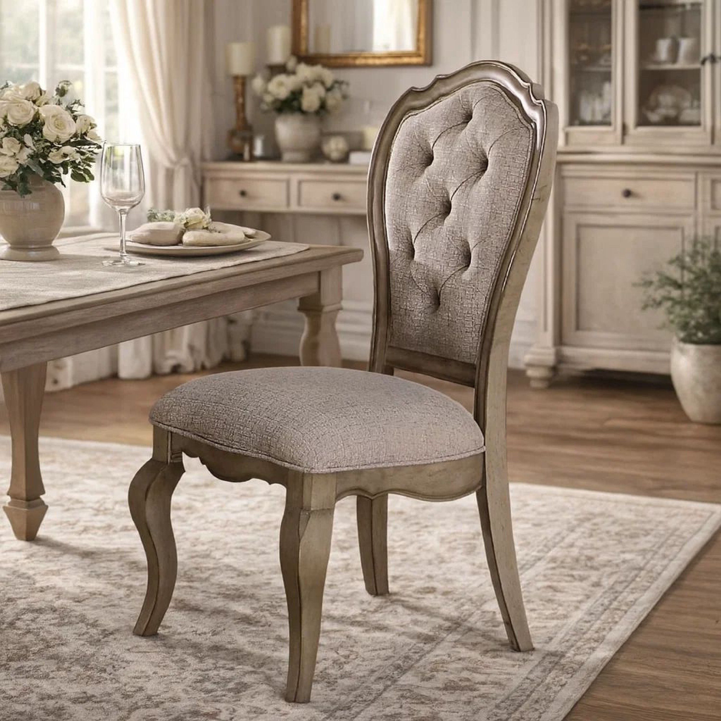 Fabric Upholstered Side Chair with Button Tufting Back, Beige and Gray, Set of Two