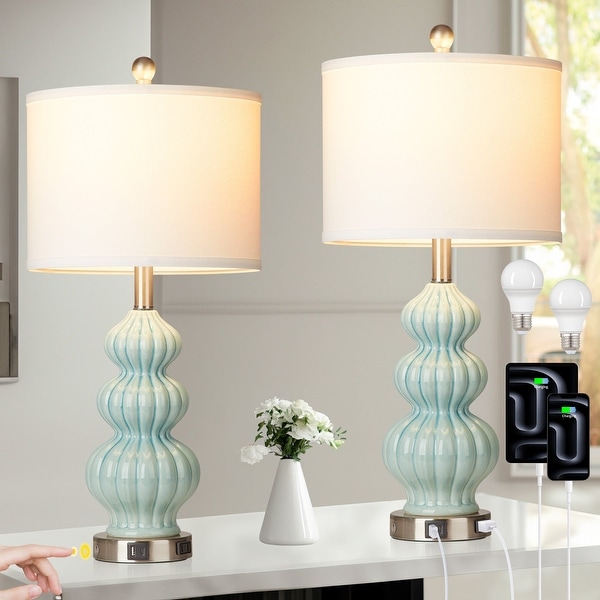 Table Lamps Ceramic Cyan Drum Shade USB Charging Port AC Outlet Touch Switch Set of 2 12 x 12 x 25 L x W x H