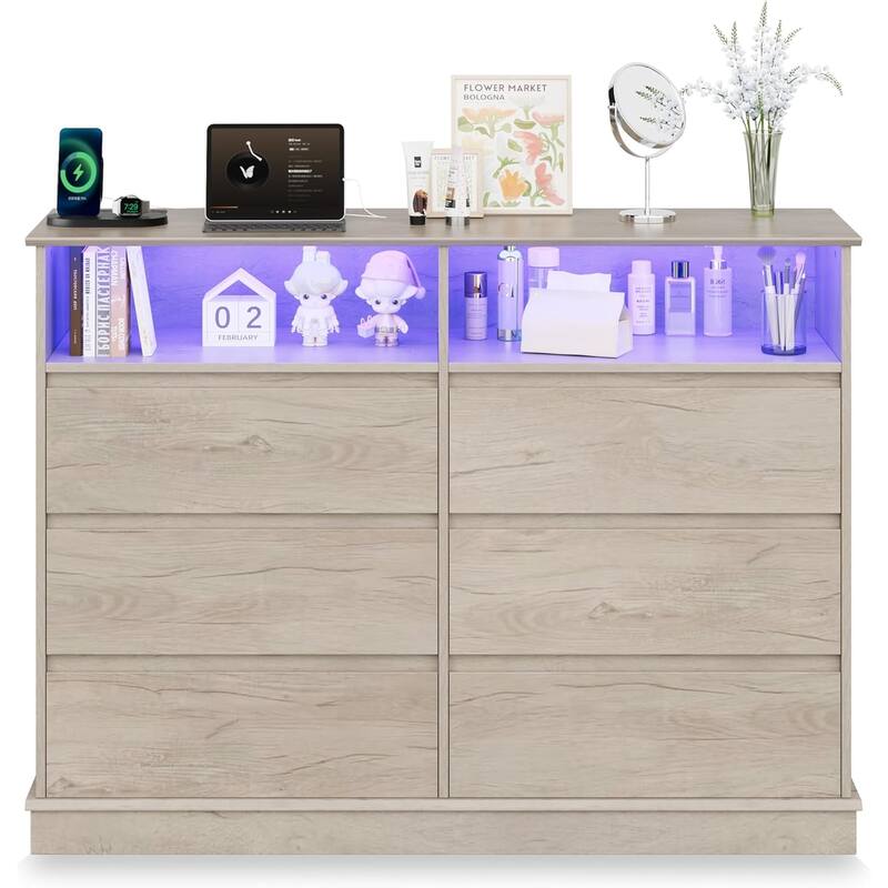Dresser for Bedroom with 6 Drawers, Modern Chest Featuring LED Lights and Charging Station