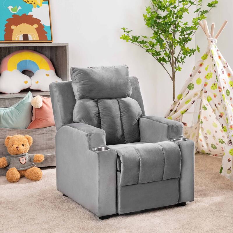 Deluxe Kids Recliner Chair with Footrest Headrest and 2 Cup Holders Microfiber Kids Recliner for Age 3+ Years - Gray