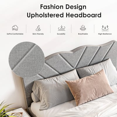 Upholstered Platform Bed, Queen Size, Grey with Padded Headboard & Heavy-Duty Metal Frame
