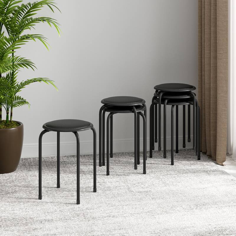 Javlergo Set of 6 Stackable Backless Stools PVC Padded Round Seats with Metal Frame Indoor Outdoor Use for Kitchen Livingroom - Black