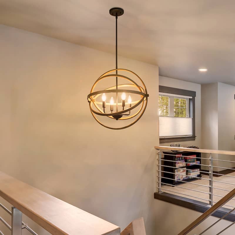 Modern Farmhouse 4-Light Globe Chandelier Wood Grain Pendant Light for Dining Room - D 21" x H 21"
