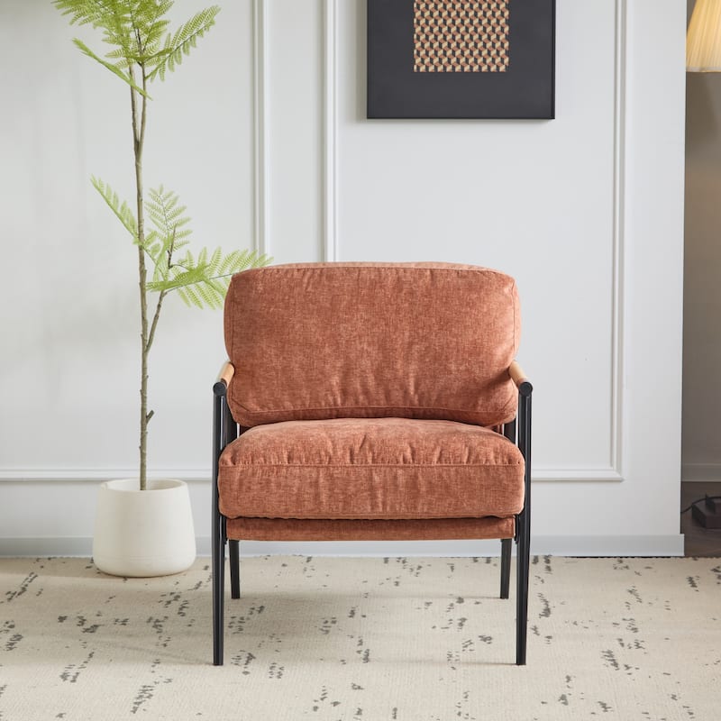 27.56" Modern Accent Chair with Plush Cushions, Metal Frame, and Wooden Armrest Design -for Living Room, Bedroom