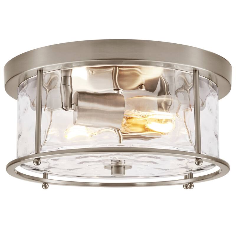 2-Light Flush Mount Water Rippled Glass Ceiling Light with Metal Frame - Brushed Nickel
