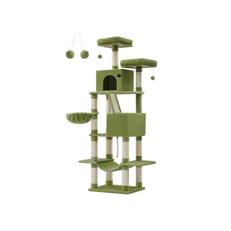 Cat Tree, 66.1-Inch Large Cat Tower with 13 Scratching Posts, 2 Perches, 2 Caves, Basket, Hammock, Pompoms